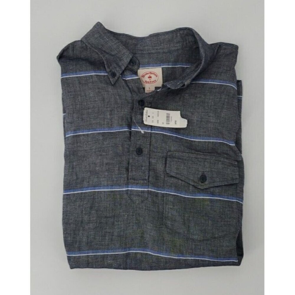 Brooks Brothers Men's Large Black w/Stripe Short Sleeve Shirt Linen Blend  NWT